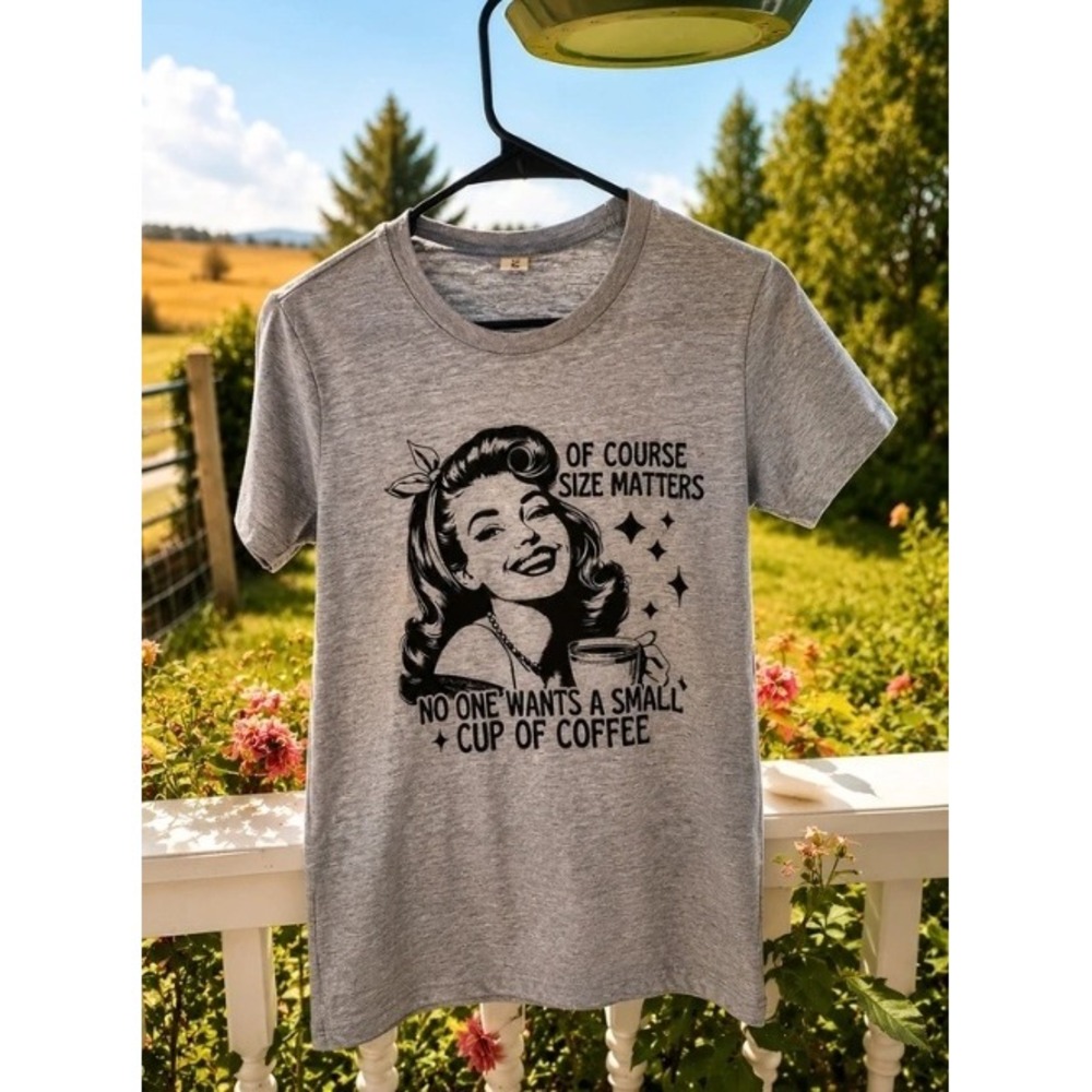 Vintage Pin Up Coffee Graphic Tee Heather Gray Short Sleeve T-Shirt Women Large